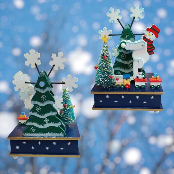 Wooden Christmas Snowman Windup Music Box Rotating Snowflakes Vintage - Picture 2 of 7